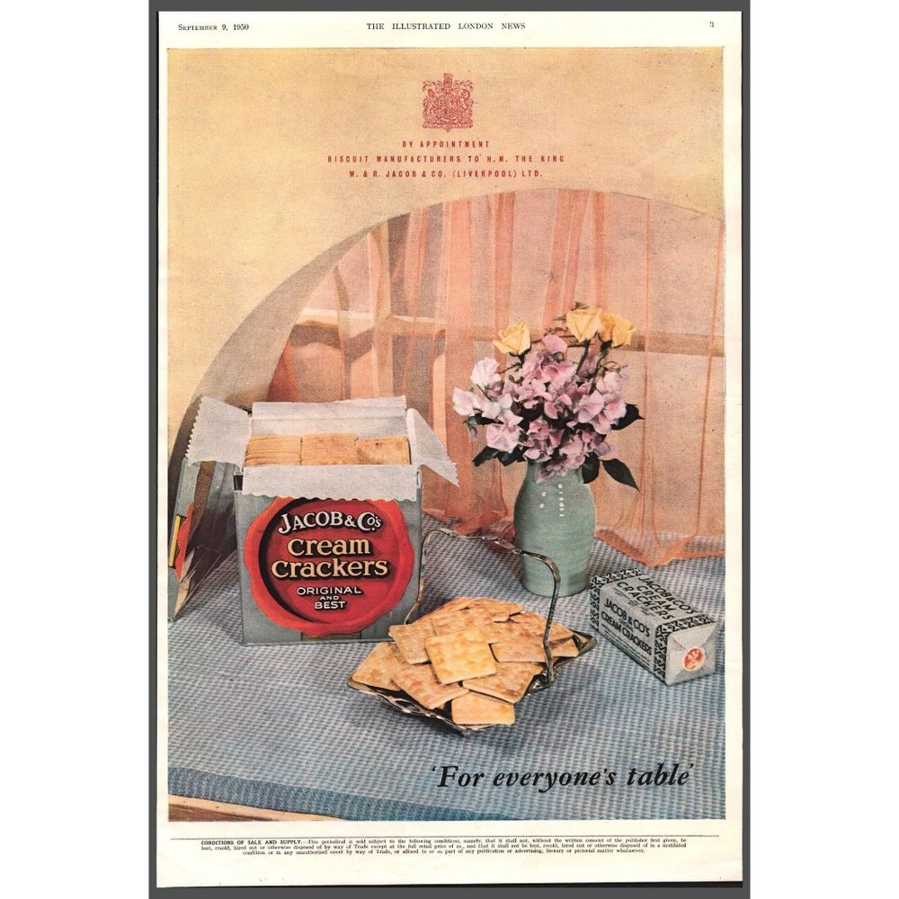 1950 Jacob & Co Cream Crackers Vintage Print Ad Flowers Green Vase Wall Art